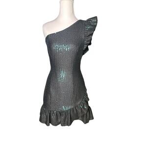 DO+BE Green Sequin One Shoulder Dark Green Ruffle Hem Medium Mini HOCO Dress